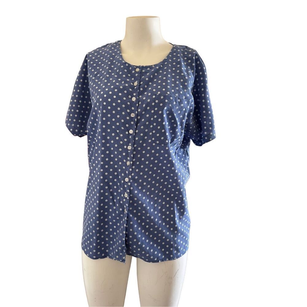 Kathie Lee women’s vintage 90s blue polka dot 100% silk button up blouse short s